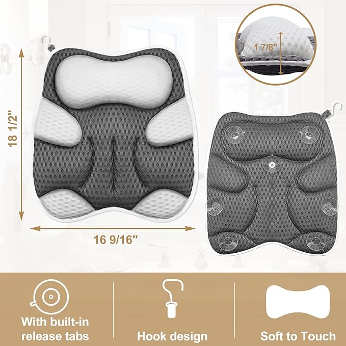 Bath Pillow for Tub Ergonomic Cat Shape and Bear Shape Design Bath Pillow for Head and Neck Support SPA Gift Bathtub Pillow 4D Air-Mesh with Suction Cups Washable Gray(1 Pack)