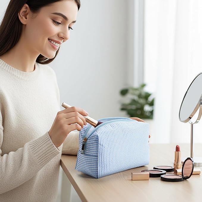 Sanwuta 12 Pcs Seersucker Cosmetic Bags Bulk Seersucker Makeup Bags Stripe Women Pouch Large Preppy Storage Pouch Toiletry Travel Organizer for Wedding Bridesmaid Bride Favor Mom Gift (Light Blue)