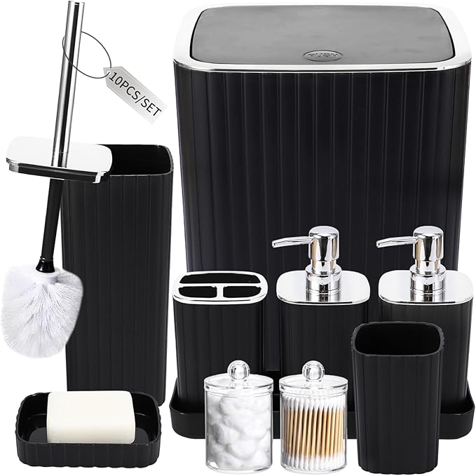 Bathroom Accessories Set - Gorgeous Bathroom Set, 10PC Black Bathroom Accessory Set, Toilet Brush, Trash Can, Qtip Holder & Soap Dispenser