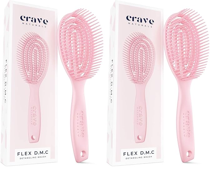 Crave Naturals FLEX DMC Detangling Brush for Natural Textured Hair - Flexible Hair Brush Detangler for Curly, Frizzy, Thick Hair - ROUND (Plastic) (Pack of 2)