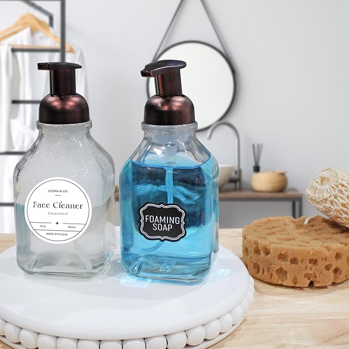 Cornucopia Brands 16-Ounce Square Glass Foaming Soap Dispensers (2-Pack, Clear Bottle w/Bronze Color Pump)