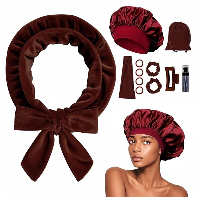 Heatless Curls Overnight Headband, 70'' No Heat Hair Curlers with Hair Bonnet for Sleeping, Wine Red