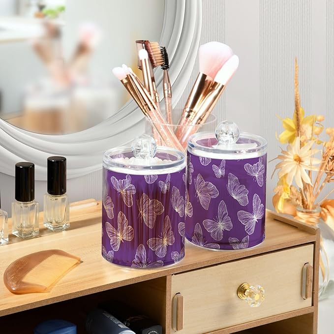 2 Pack Purple Butterflies Apothecary Jars with Lid, 12 Oz Clear Plastic Apothecary Jar Set Qtip Holder Storage Containers for Cotton Ball Swabs Bathroom Vanity