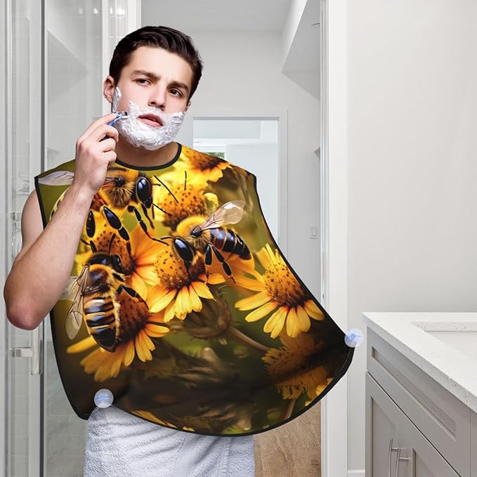 Rural Honey Bees Flowers Print Beard Bib Apron For Men, Beard Hair Catcher For Men Shaving Trimming,Beard Cape Cloth