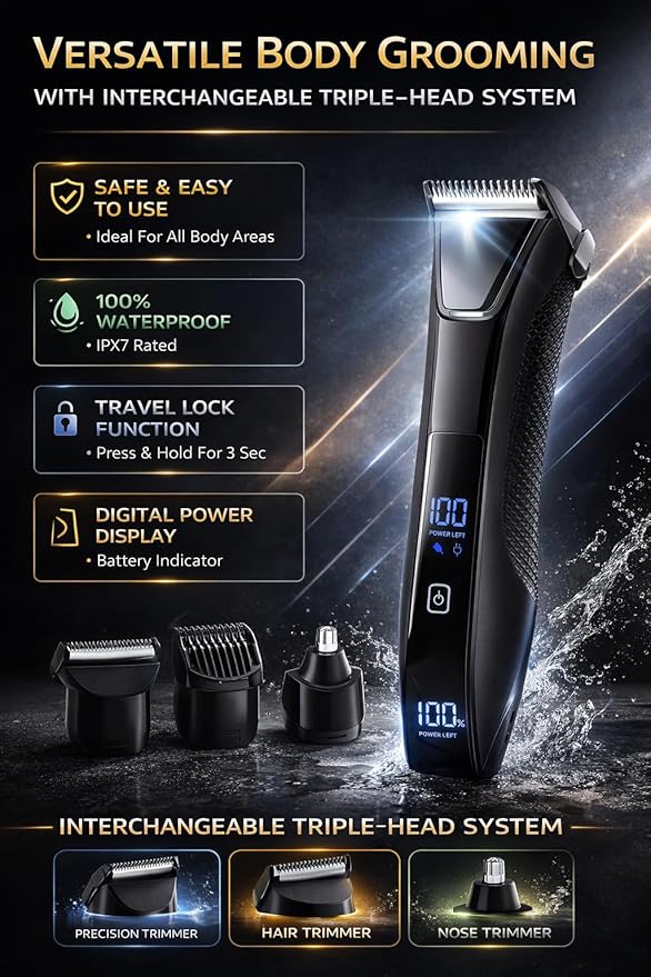 Three-in-One Waterproof Wet/Dry Groomer with Travel Case and Travel Lock, Black, LED Display, Ball Foil Shaver, Nose Hair Clippers, and Groin & Body Hair Trimmer by Paradise Bliss, Black