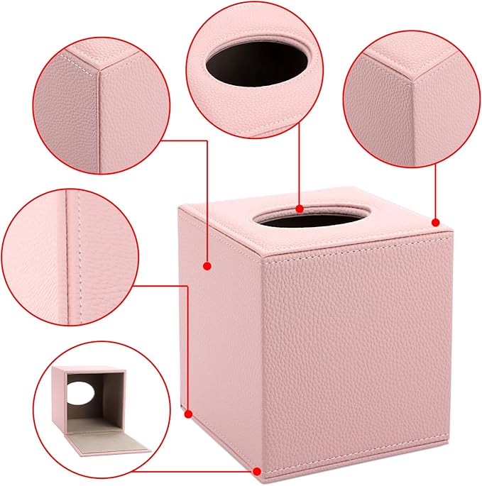 Sumnacon Tissue Box Cover Square Tissue Box Stylish PU Tissue Box Holder with Magnetic Bottom, Cube Leather Tissue Cover for Living Room Bathroom Table Desk Home Office Car, Pink