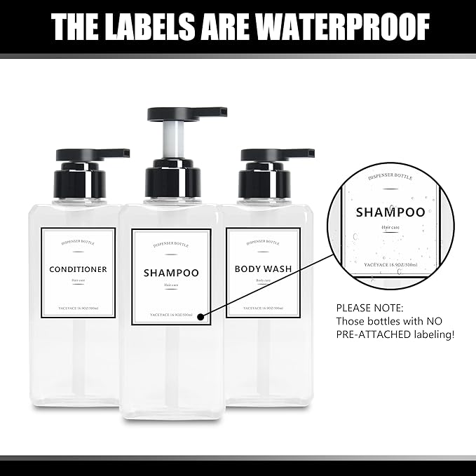 YACAYACE 16.9oz Clear Shampoo and Conditioner Dispenser Set, Refillable Pump Soap Bottles for Shower