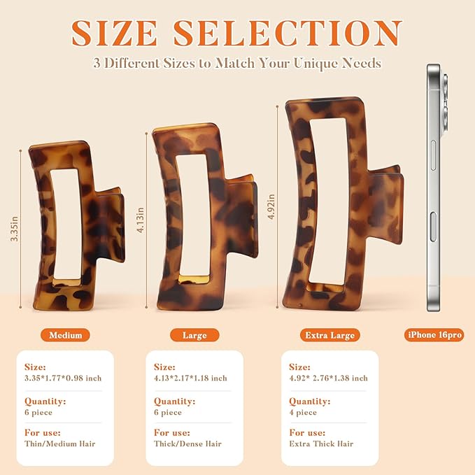 Auseibeely 6 Pcs Rectangle Tortoise Shell Claw Clip - 3.35 Inch Medium Hair Clips for Women and Girls, Non-slip Square Claw Clips for Thick/Thin Hair, Banana Jaw Clips Accessories for Gift