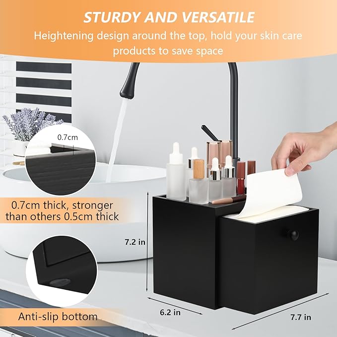 Disposable Face Towel with Bamboo Drawer Storage Box - Face Towelettes Disposable XL, Facial Towels Makeup Organizer for Clean Face Towels, Makeup Remover Washcloths 50 Ct-Black Box