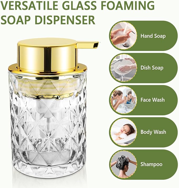 Glass Foaming Soap Dispenser Refillable Foaming Hand Soap Dispenser with Gold Large Pump Wide Opening for Bathroom Kitchen Countertop Modern Home Decor with Elegant Pattern - Clear