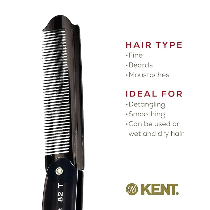 Kent 82T Black Graphite Folding Pocket Comb for Men, Fine Tooth Hair Comb Straightener for Everyday Grooming, Beard or Mustache, Use Dry or with Balms, Saw Cut Hand Polished, Made in England