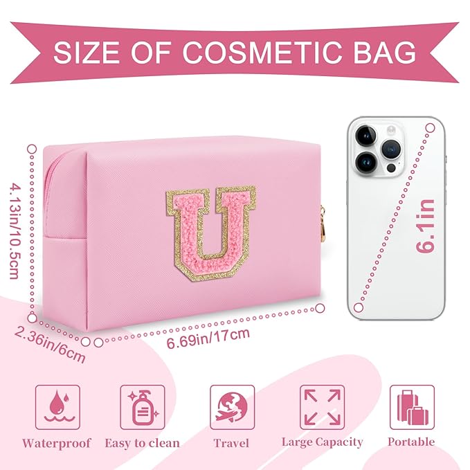 Personalized Initial A-Z Preppy Patch Makeup Bag,Small PU Leather Chenille Letter Cosmetic Bag with Zipper for Teen Girls,Pink Cute Travel Toiletry Bag,Birthday Monogrammed Gift for Daughter,Letter U