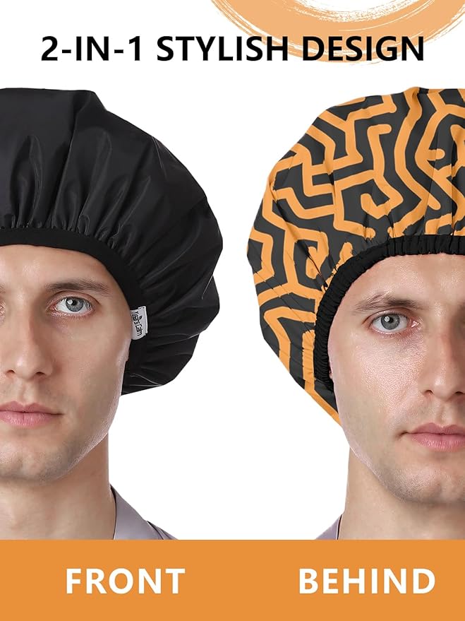 Years calm Men Shower Cap Reusable Waterproof, Dual-Layer Design, Double-Sided Use, Protects Hair in Shower, Spa, Travel & Cooking, Adjustable Elastic for Comfortable Fit (Orange Striped, One Size)