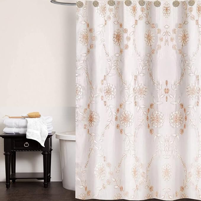Zahari Home 13pc Rose Vine Bathroom Sheer Shower Curtain Sets Sheer Shower Curtain & 12 Shower Bathroom Hooks Modern Classic Luxury Contemporary Decor Beige Shower Curtain Set