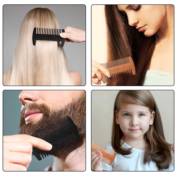 Wooden Beard Comb Kit, Dual Action Fine & Coarse Teeth, Wood Color and Black Pocket Comb for Beards & Mustaches & Hair Grooming Care (2 Pack)