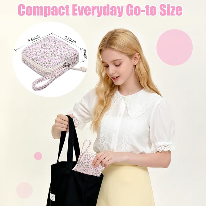 Small Makeup Bag | Discreet Period Bag Pad Pouch for Purse| Sanitary Napkin Storage & Tampon Holder for Travel(Flower pink)