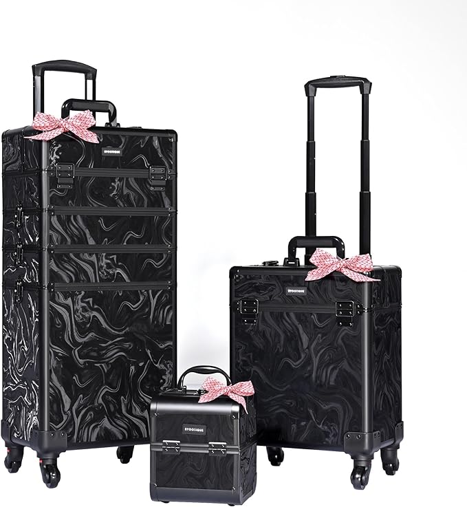 BYOOTIQUE Rolling Makeup Train Case on Wheels 3-Piece Cosmetology Organizer Kit Trolley Organizer Lockable Salon Hairstylist Traveling Cart bag for Nail Slon Esthetician,CTB Black
