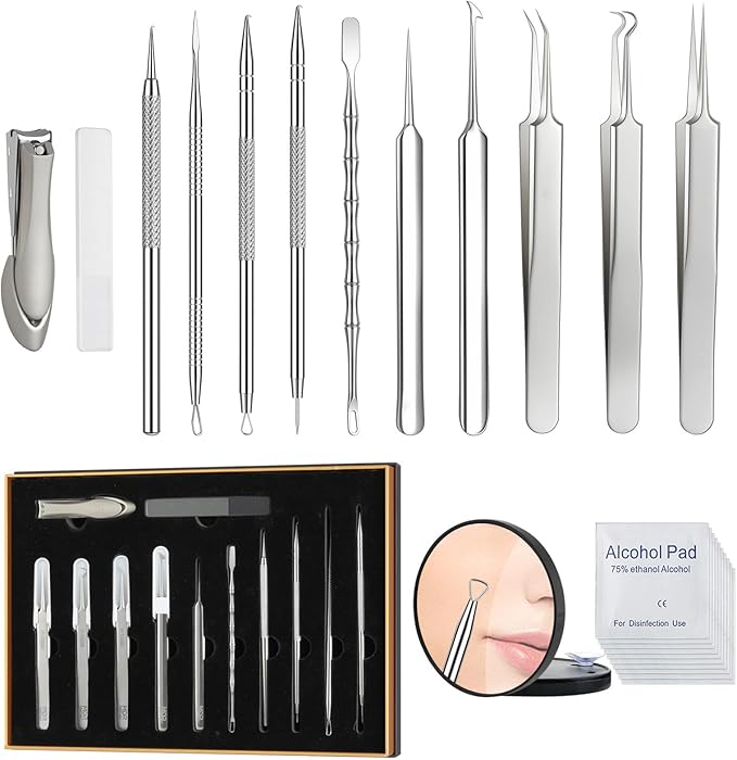 12 Pcs Titanium Alloy Pimple Popper Tool Kit, Pimple Extractor Comedone Extractor Tool, Blackhead Extractor Acne Tools for Face Blemish Whitehead Removal with 20 Alcohol Pads & 10x Magnifying Glass