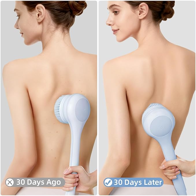 Electric Body Brush Back Scrubber for Shower, Waterproof Long Dual Handle Power Body Scrubber with 3 Heads, Bath Brush & 2 Speeds, for Cleansing, Exfoliating and Massaging Skin, Sky Blue