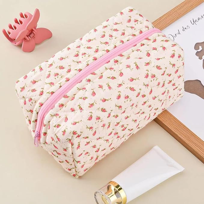 Floral Makeup Bag,Floral Quilted Makeup Pouch,Large Cosmetic Bag,Fashionable Travel Makeup Pouch, Cute Pink Makeup Bag,Puffy Coquette Make up Bag, Attractive Quilted Make up Bag