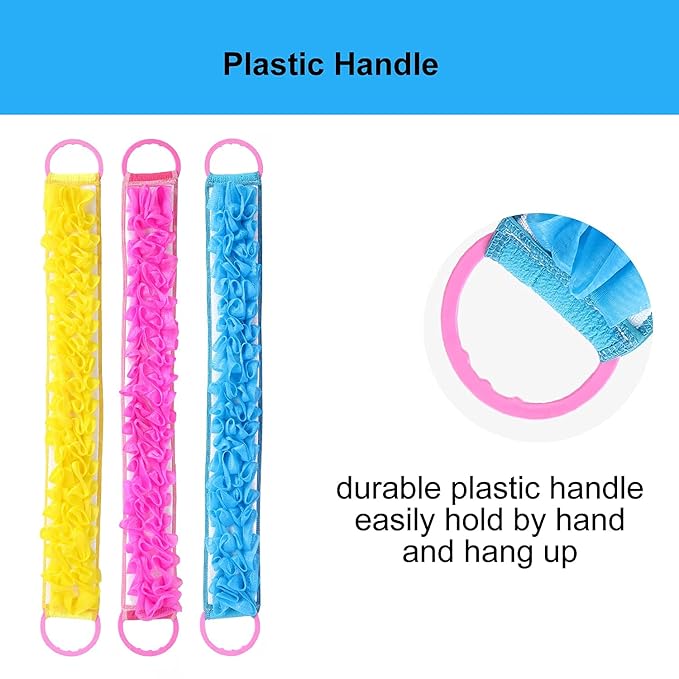 3 PACK Double-Sided Lace Cloth Back Loofah Scrubber Bath Scrub Shower Sponge Long Exfoliating Back Scrubber Scratcher Strap With Handle, Cream Skin Wash Cleaner Applicator
