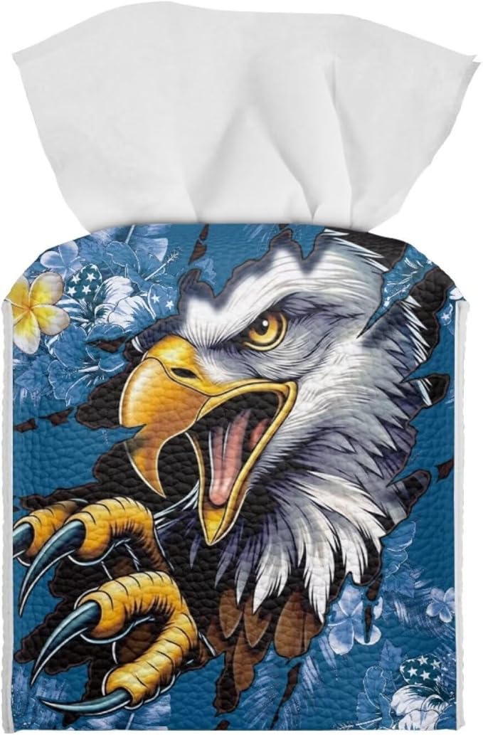 Eagle Blue Flowers Tissue Box Holder, PU Leather Square Napkin Cover with Metal Button, Waterproof Tissue Organizer for Nightstand, Dining Table, Office Desk, and Car Interior