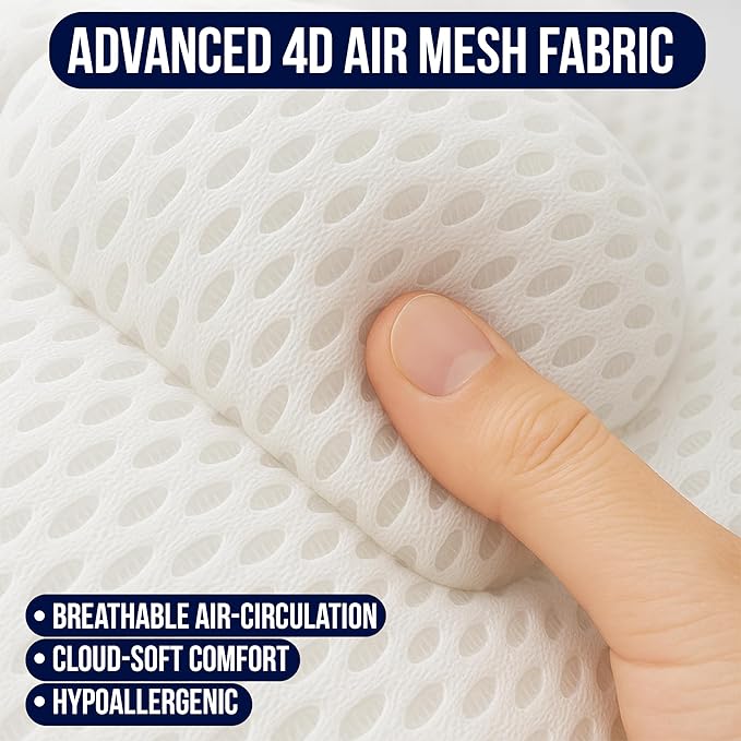 Luxury Bath Pillow for Tub – 4D Air Mesh Cushions with Non-Slip Suction Cups – Extra Soft Bathtub Headrest for Head, Neck & Back Support – Machine Washable Spa Bath Accessories Gift – White