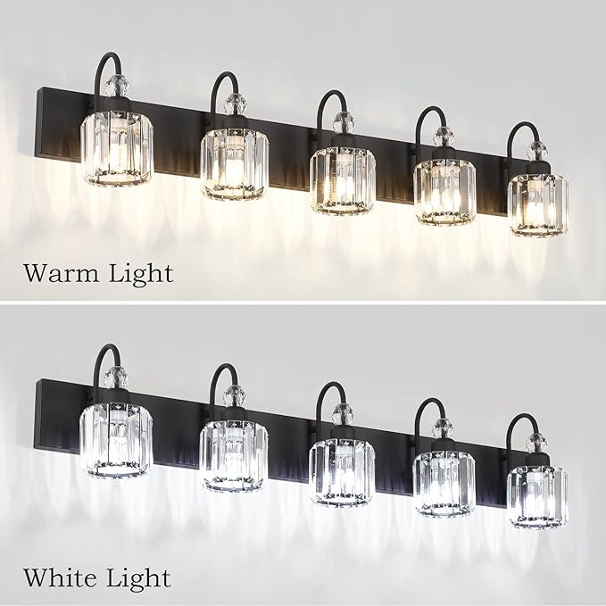 Ralbay Modern Crystal Black 5-Light Bathroom Vanity Light, Matte Black Crystal Bath Wall Light Fixtures