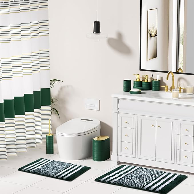 Bathroom Set - Bathroom Sets with Shower Curtain and Rugs, 25PC Bathroom Accessory Set, Green Bathroom Accessories Set with Trash Can, Soap Dispensers