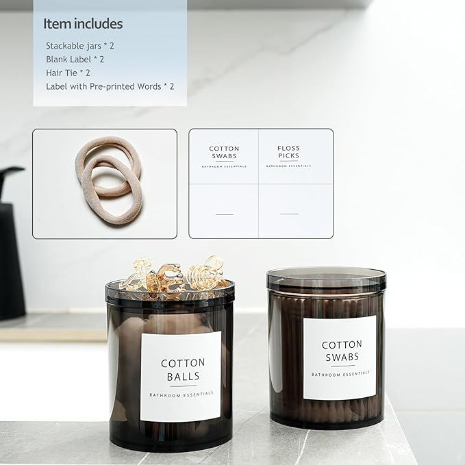 SheeChung 2-Pack Stackable Qtip Holder - 10oz Compact Black Apothecary Jars with Multifunctional Lids - Small Bathroom Vanity Organizer for Cotton Swabs, Balls, Floss Picks - Translucent Black
