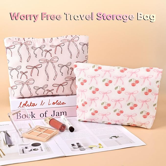Cute Cherry Makeup Pouch for Women Small Make Up Bag for Purse Zipper Initial Makeup Cosmetic Bags Pouches for Purse Aesthetic Travel Toiletry Bags, Pink Cherries Bows