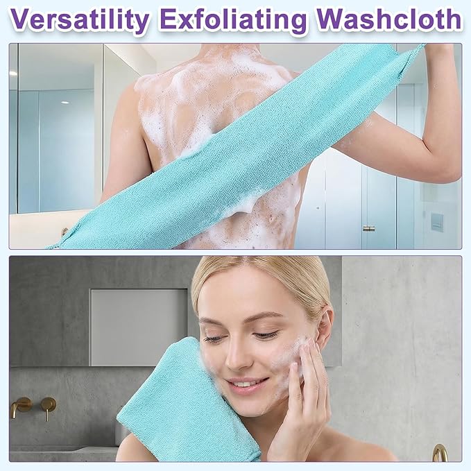 4Pcs Exfoliating Back Scrub, 4 Colores Extended Length Body Scrubber Cloth Towel for Shower Nylon Stretchable Bath Pull Strap for Body Cleans Skin Massages