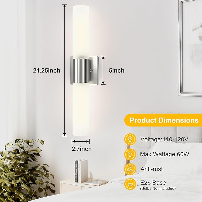 Bathroom Wall Sconces Set of Two, 21 Inch Modern Vanity Lights with Frosted Glass Shade, Bathrooms Vanity Lighting Fixtures for Mirror Bedroom Living Room Hallway (Silver)