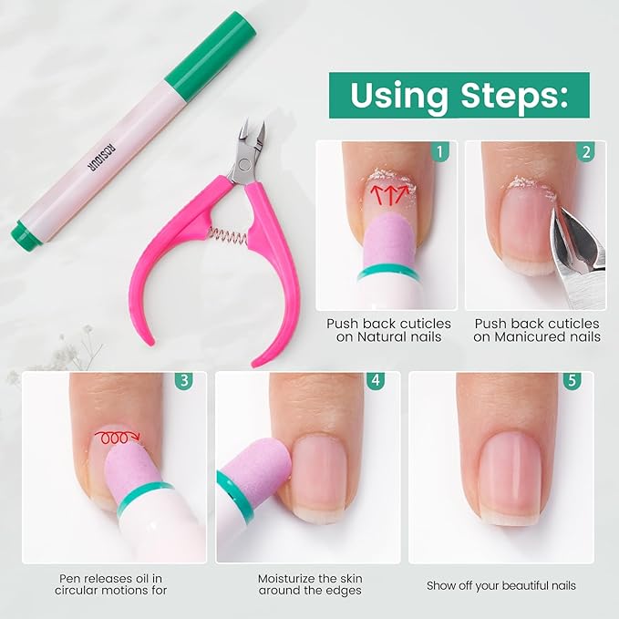 Ceramic Cuticle Oil Pusher Pen: 3-in-1 Nail Cuticle Buffer Pens with Cuticle Nipper for Hangnails, Dry & Damaged Nails, Moisturize Strengthen Brighten Nails Care