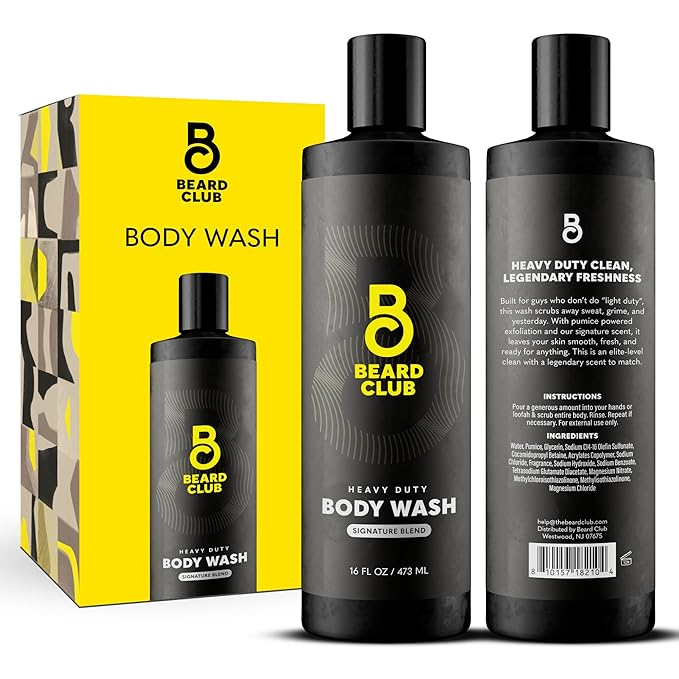 The Beard Club Mens Body Wash – Heavy Duty Shower Gel for Men with Exfoliating Clean, Rich Lather & Signature Scent – Men’s Body Wash for Deep Cleansing & Fresh Skin – 16 fl oz