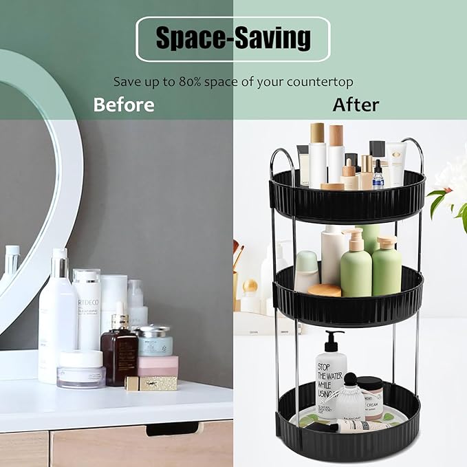 Rotating Makeup Organizer Countertop 3 Tier Lazy Susan Trays Spinning Skincare Perfume Storage for Bathroom Counter Vanity, Black