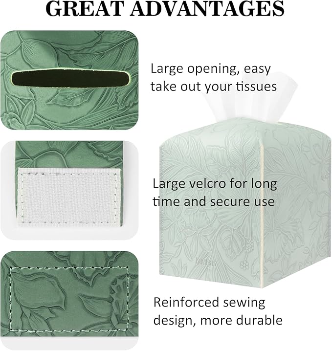 Tissue Box Holder Cover Square Tissue Cube Cover PU Leather Tissue Organizer with Bottom Belt for Bathroom, Tabletop, Kitchen, Night Stands, Office, Home, Car (2, VibrantGreen)