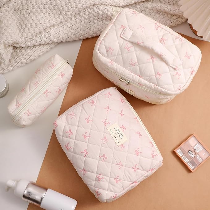 uekeboag 3Pcs Quilted Cotton Makeup Bag,Coquette Quilted Toiletry Bag for Women and Girls,Floral Coquette Pouch,Cute Kawaii Travel Cosmetic Bags(3Pcs Small Bow)