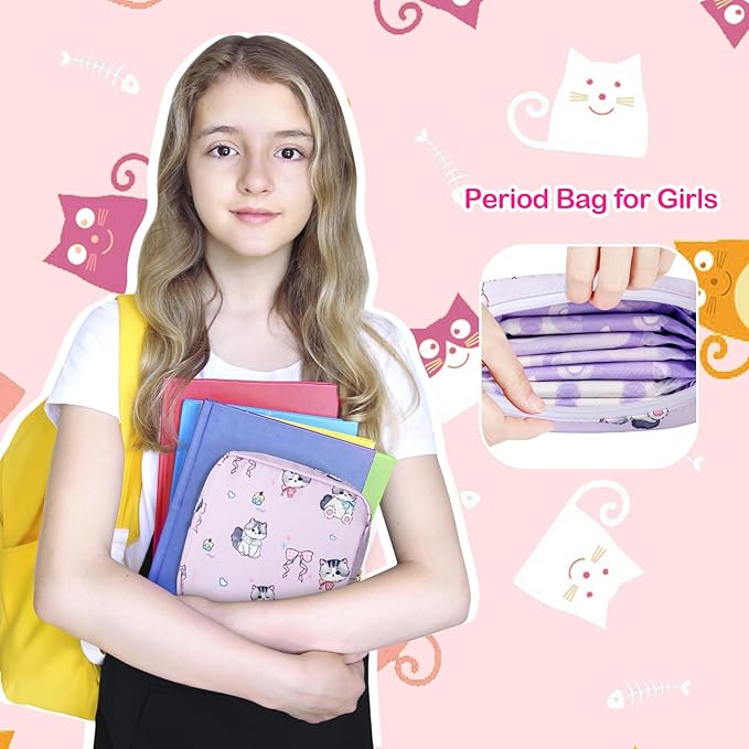 Tampon Holder for Purse, Canvas Period Bag Sanitary Napkin Storage Bag for Girls Womens, Portable Feminine Emergency Pad Period Pouch(Bow-Tie Wink Cat)