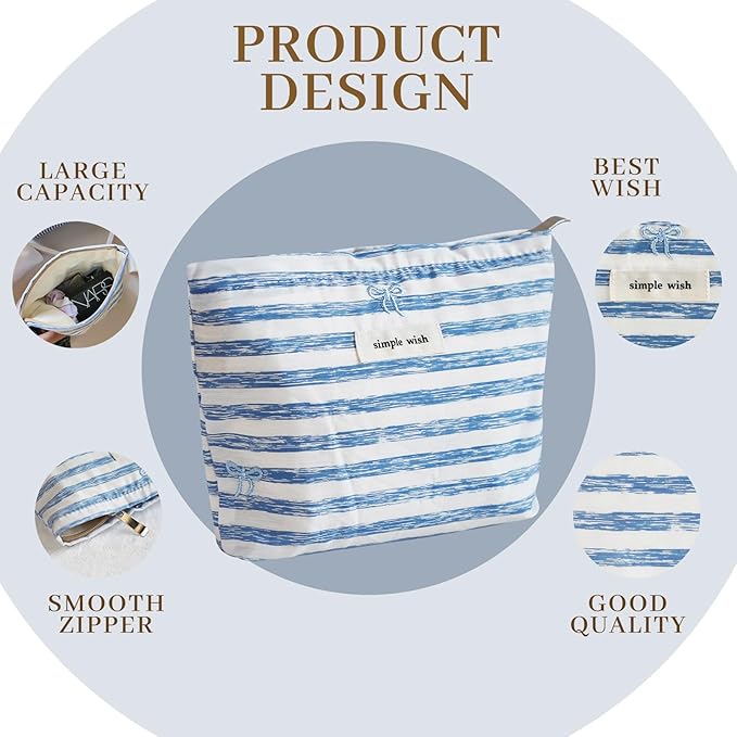 Wudygirl Makeup Bag Travel Cosmetic Bag for Women Small Makeup Pouch Zipper Cosmetic Pouch Handbag Aesthetic (Striped Bow)