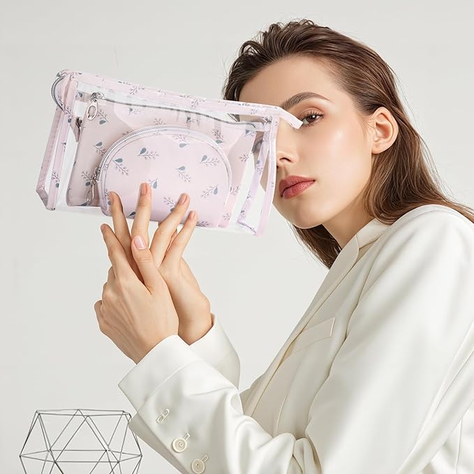 Richeart Makeup Bag, Clear Bag with Zipper, 3PC Floral Flowers Makeup Pouch, Waterproof Small Pouch, Portable Travel Toiletry Bag, E
