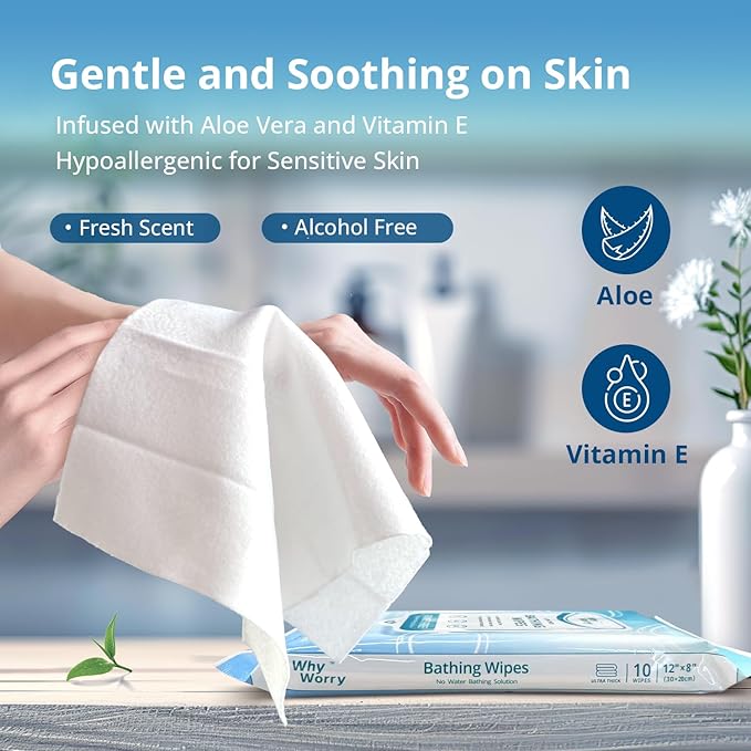 WhyWorry Ultra Thick Bathing Wipes for Adults Rinse Free, Large Body Wipes for Women, Men, Elderly Care & Cleaning, 8" x 12" Disposable Shower Washcloths for Gym & Camping, Fresh Scent, 100 Count