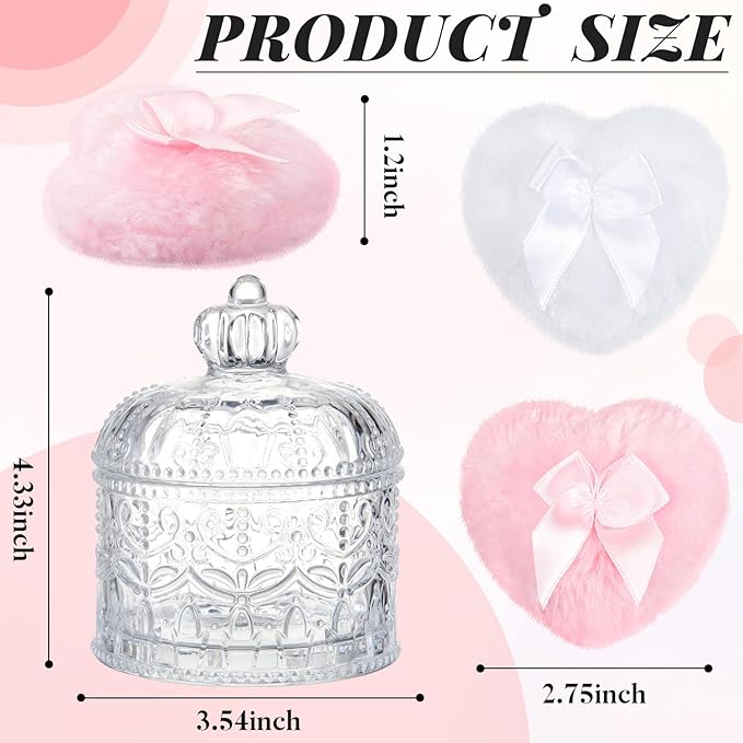 Tioncy 3 Pcs Large Body Powder Puff and Container Valentine's Day gift Powder Container with Puff Crystal Case Soft Washable Reusable Velour Face Body Glitter Wet Dry Makeup(Crown,Clear)