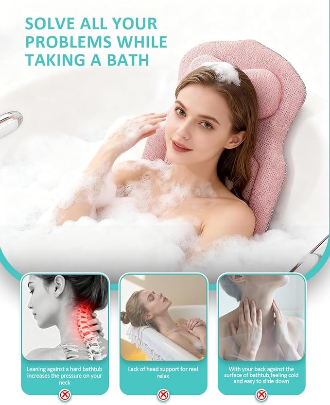 Full Body Bath Pillow for Bathtub, 5D Thick Tub Pillow for Bathtub with 192 Non-Slip Suction Cups, Laundry Bag & Hook, Bathtub Pillow for Head, Neck & Back Support (Pink, 51"*15")
