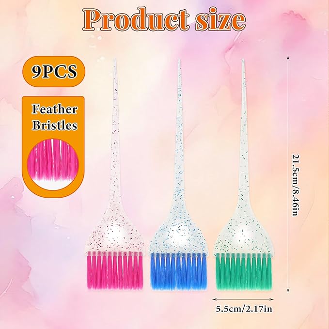 9pcs Color Brushes for Hair Stylist Hair Color Brushes with Glitter Handles, 8.5 X 2.2 In Hairs Dye Brush for Highlighting, Tint and Coloring Hairs Section, Salon Use Home DIY, 3 Colors