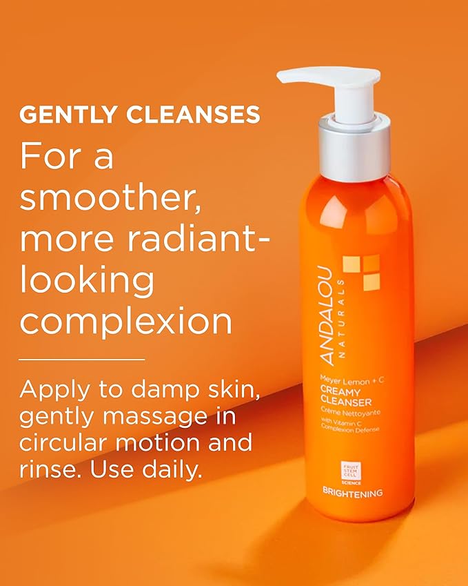 Andalou Naturals Brightening Meyer Lemon + Vitamin C Creamy Cleanser | Gentle Face Wash to Even Tone & Boost Glow | Aloe Vera & Natural Ingredients-| For Dull Skin-| 6 oz,(Pack of 2)