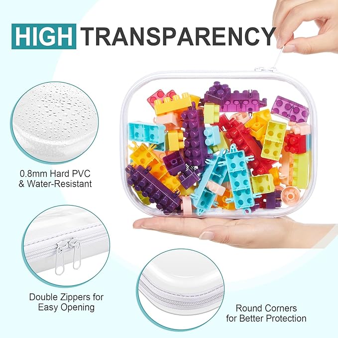Hoolerry 4 Pcs Hard Clear Zipper Case Makeup Bags Plastic Zipper Pouch Transparent Storage Box Containers for Cosmetics, Snacks, Building Blocks, Puzzles(Clear,7.9 x 5.9 x 2 in,White)