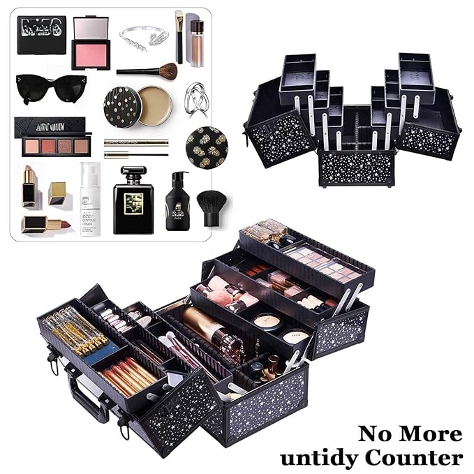 Makeup Case 6 Trays Large 14" x 8.5" x 11" Train Cases Cosmetic Organizer Storage Box by Joligrace - Star Pattern