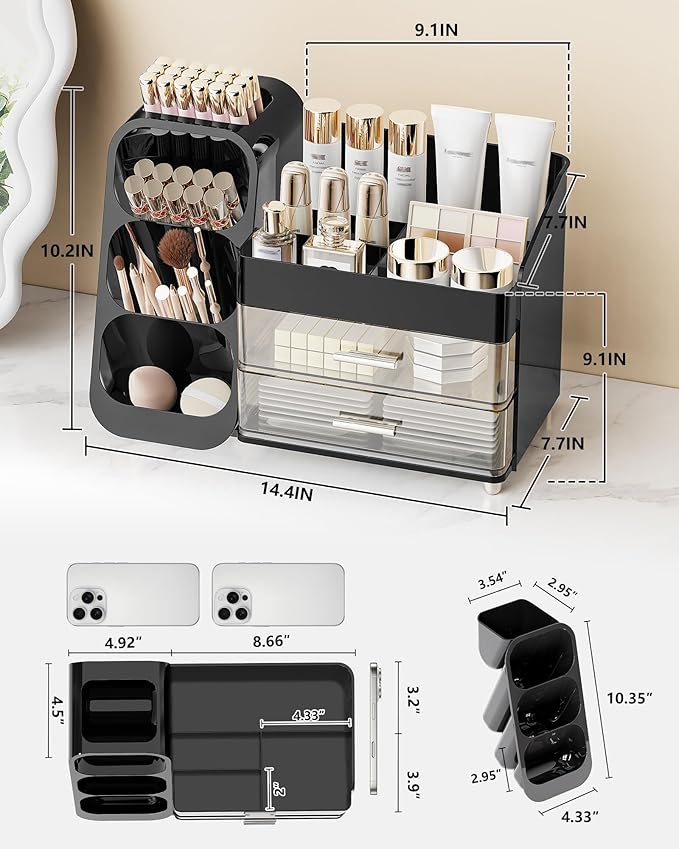Large Capacity Makeup Organizer Countertop with Makeup Brush Holder for Vanity, Thickened Material, Bathroom Countertop Organizer Skin Care Perfumes Storage, Teen Girl Gifts for 13-25 Year