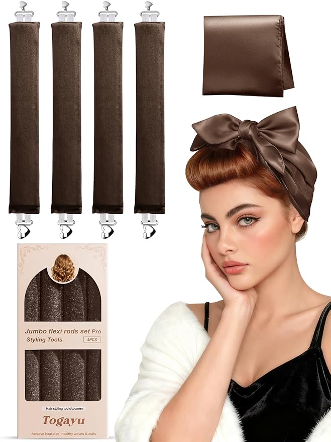 Heatless Curls Overnight Set - 4PCS Jumbo Velvet Hair Rollers to Sleep In, No-Damage Flexi Rods for Beautiful, Effortless Curls and Waves for Women